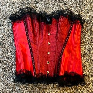 Red Corset with Black Lace Trim